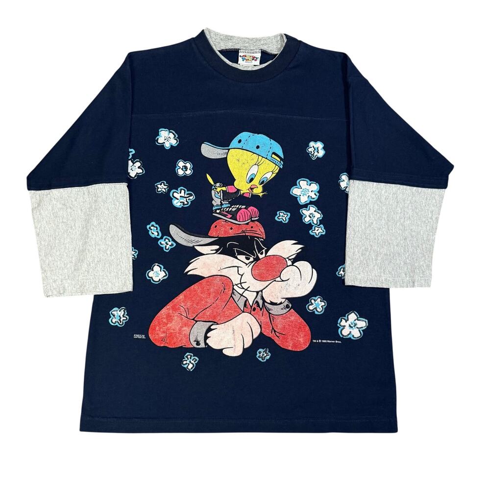 Vintage 1995 Looney Tunes Tweety & Sylvester Elbow Sleeve Shirt Made USA Medium